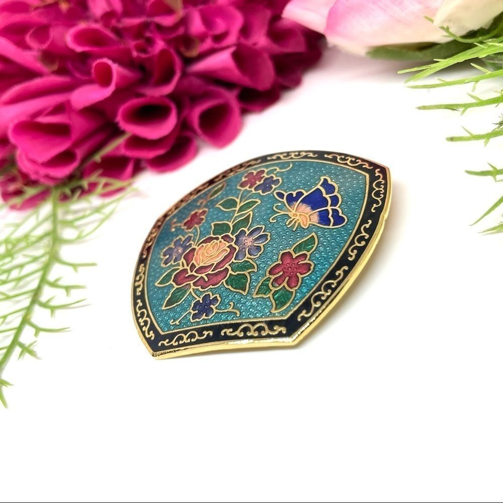 VINTAGE⚜️CLOISONNÉ Butterfly Floral Enameled Brooch - Picture 4 of 7